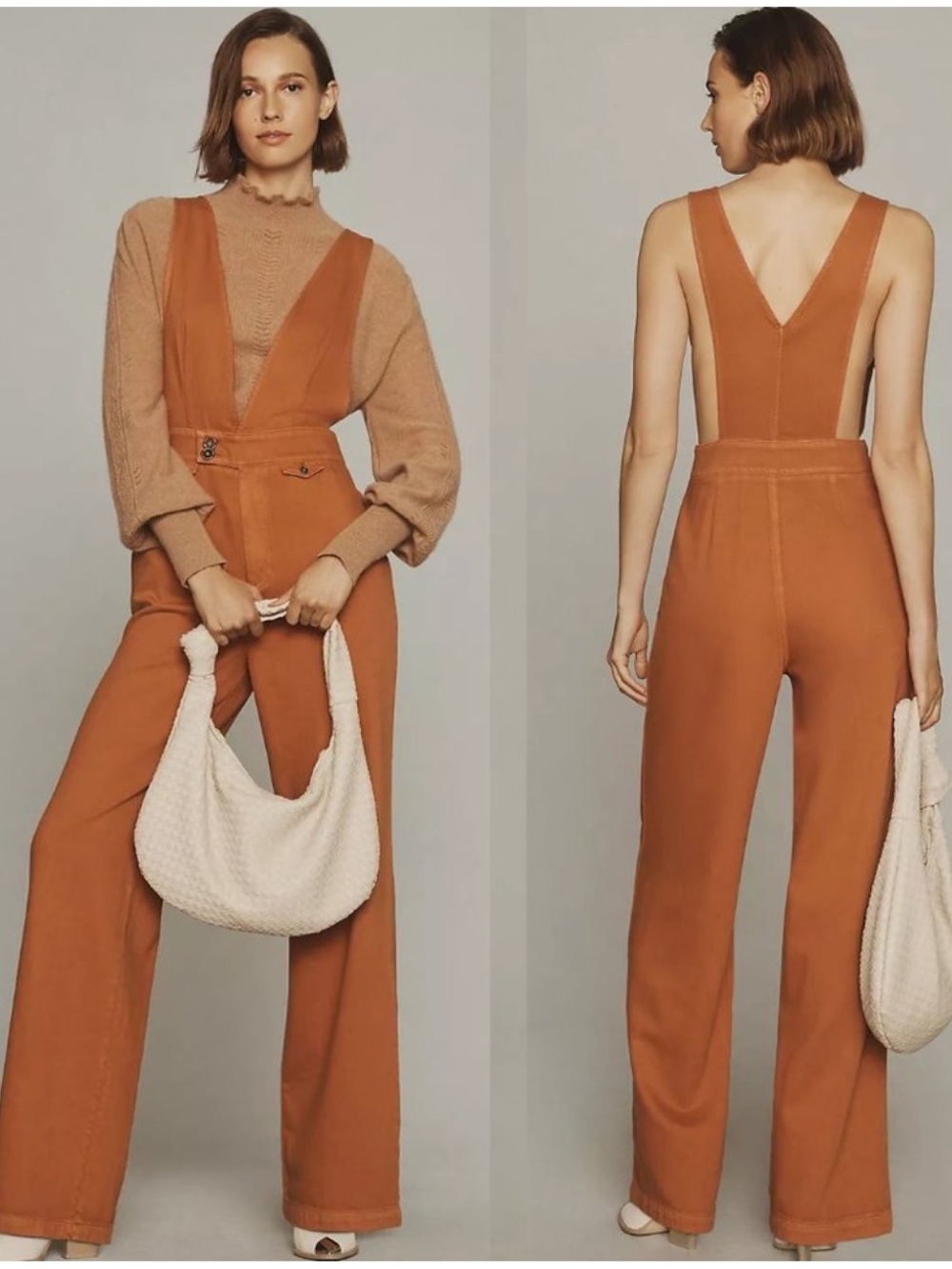 Anthropologie Pilcro Deep-V Jumpsuit Rust Orange Wide Leg High Rise-32